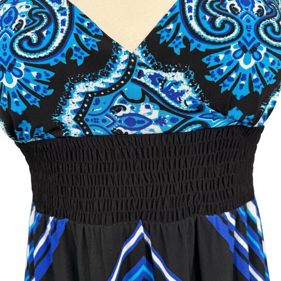 Muse Boston Proper Smocked Empire Waist Maxi Dress 8 Paisley Blue Black Padded - Picture 4 of 11